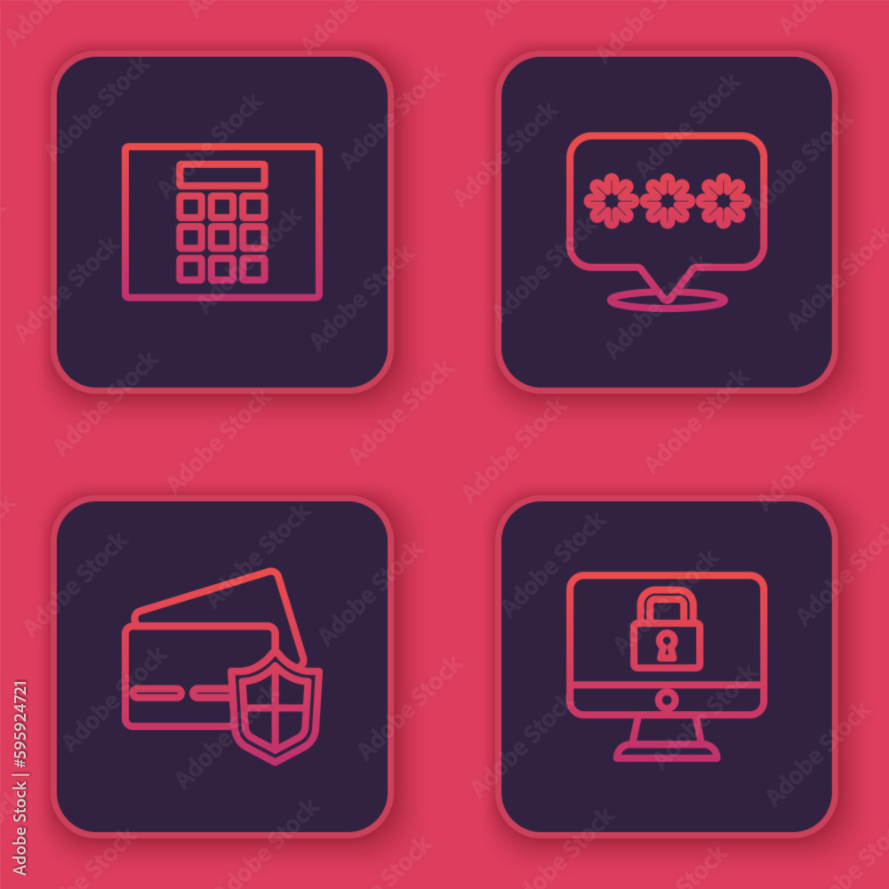 Set line Password protection, Credit card with shield, and Lock monitor. Blue square button. Vector Set line Password protection, Credit card with shield, and Lock monitor. Blue square button. Vector