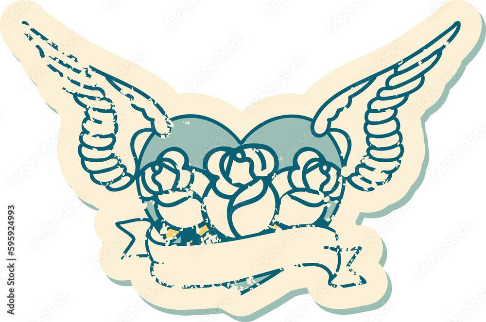 iconic distressed sticker tattoo style image of a flying heart with flowers and banner iconic distressed sticker tattoo style image of a flying heart with flowers and banner