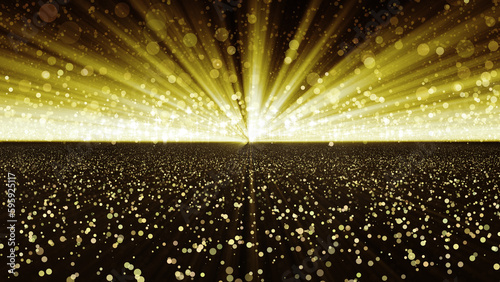 Background with golden glitter particles. Bright golden rays, bokeh. Shining gold particles. Incredible abstract sunrise. Flying through gold confetti to magical light. Beautiful light background