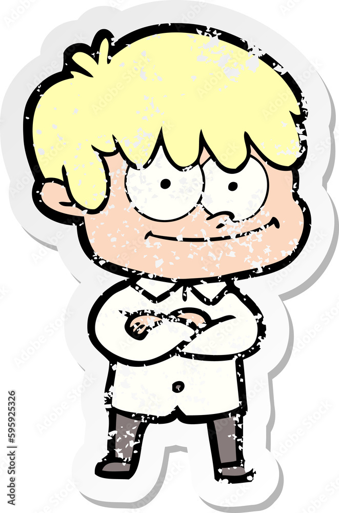 distressed sticker of a happy cartoon man distressed sticker of a happy cartoon man