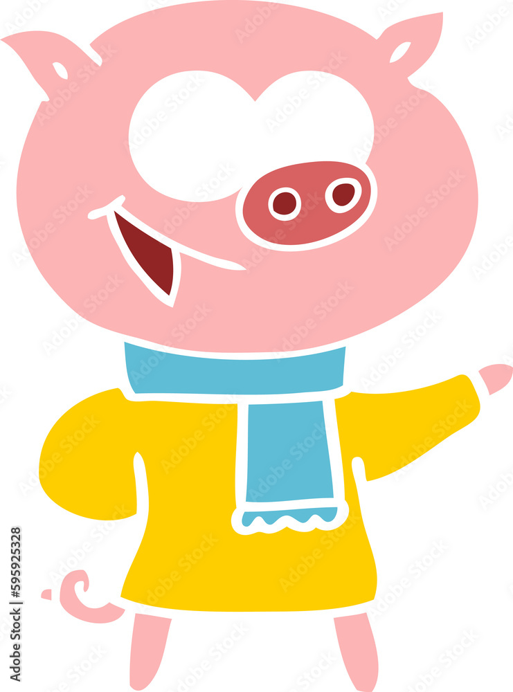 cheerful pig wearing winter clothes flat color style cartoon cheerful pig wearing winter clothes flat color style cartoon