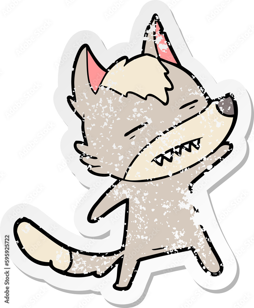 Obraz premium distressed sticker of a cartoon wolf showing teeth