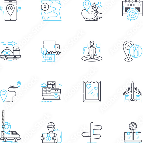 Carriage and conveyance linear icons set. Vehicle, Transport, Travel, Moving, Transit, Ride, Journey line vector and concept signs. Transfer,Passage,Mobility outline illustrations