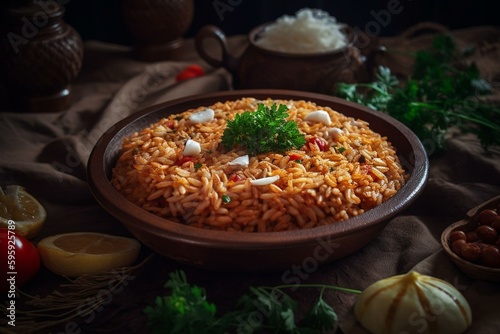 Savoury Turkish rice dish with barley; called arpa sehriyeli pirinc pilavi. Generative AI