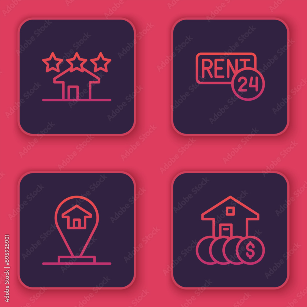 Set line Real estate, Location house, Rent and House with dollar. Blue square button. Vector Set line Real estate, Location house, Rent and House with dollar. Blue square button. Vector