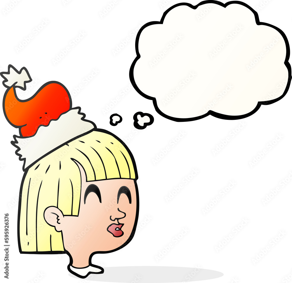 freehand drawn thought bubble cartoon girl wearing christmas hat