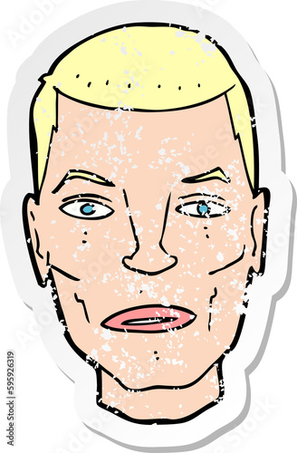 retro distressed sticker of a cartoon serious male face