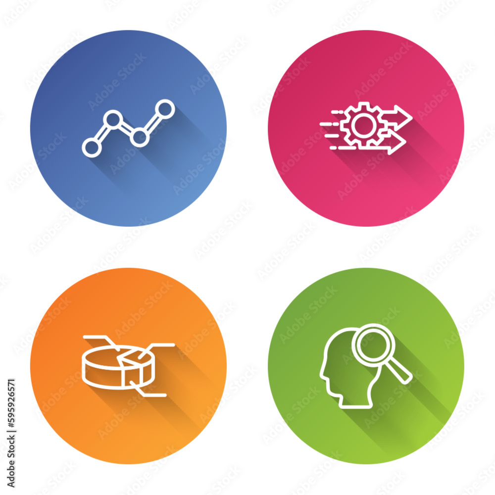 Set line Graph chart infographic, Time management, Pie and Search people. Color circle button. Vector Set line Graph chart infographic, Time management, Pie and Search people. Color circle button. Vector