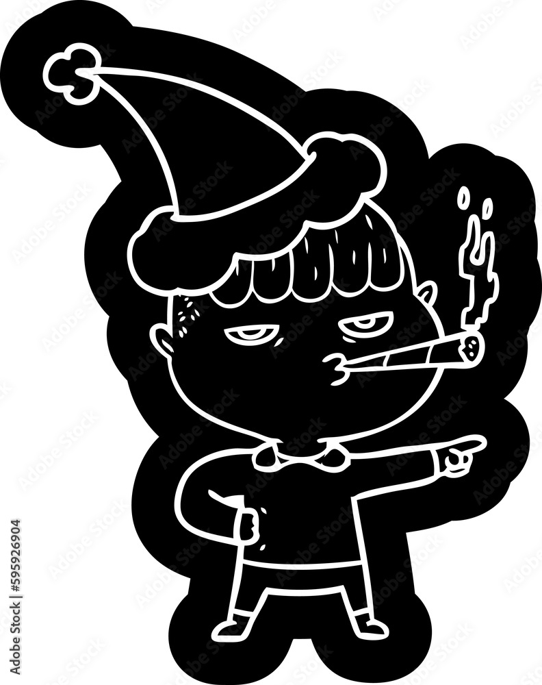 quirky cartoon icon of a man smoking wearing santa hat