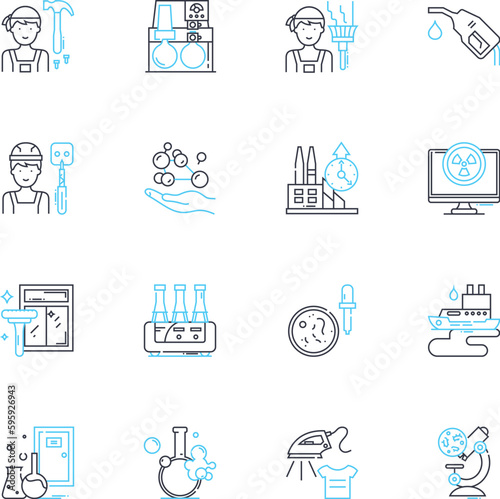 Chemical manufacturing linear icons set. Synthesis, Formula, Reactant, Production, Catalyst, Compound, Distillation line vector and concept signs. Polymer,Crystallization,Solvent outline illustrations
