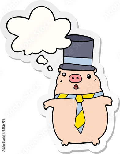 cartoon business pig with thought bubble as a printed sticker