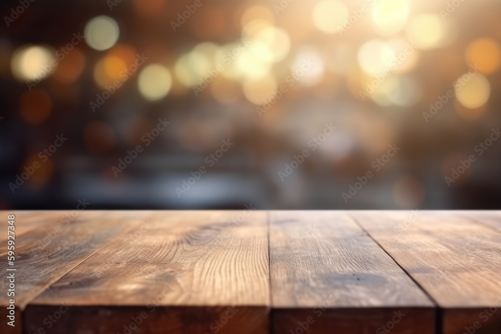 Empty Wooden Tabletop, Desk Surface with Abstract Blurred Lights Bokeh Background. Copy Space for Product Display. Blur Cafe, Coffee Shop, Restaurant Backdrop. Generative AI.