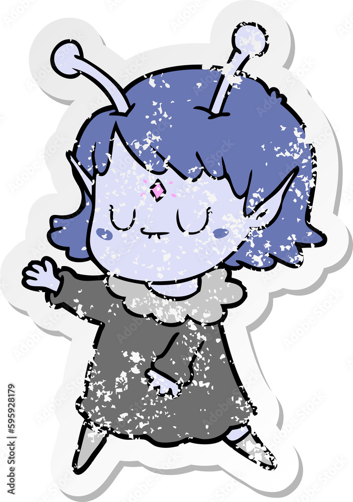 distressed sticker of a cartoon alien girl dancing distressed sticker of a cartoon alien girl dancing