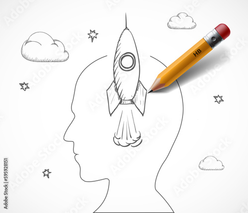 Rocket takes off from the human head. vector illustration