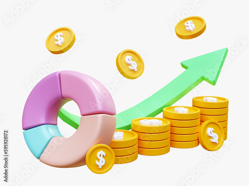 Money coin with business graph finance chart diagram on economic. Growth financial data concept or investment market profit bar. Bank deposit, profit finance Manage money through. 3D rendering