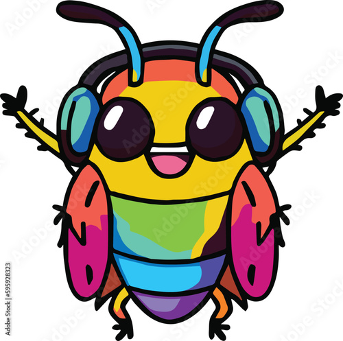 Happy cockroach or roach with headphones listening to music. Kawaii style.