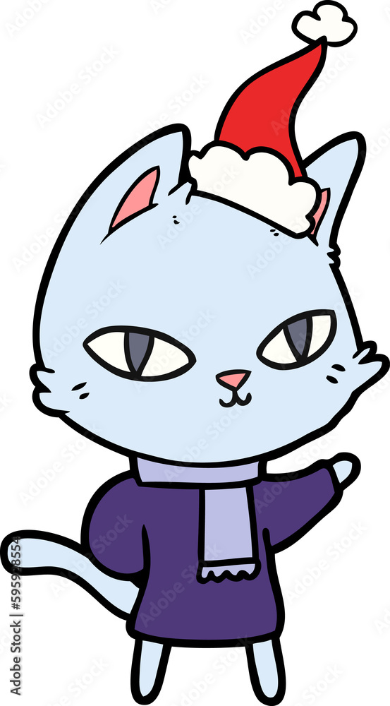 hand drawn line drawing of a cat staring wearing santa hat hand drawn line drawing of a cat staring wearing santa hat