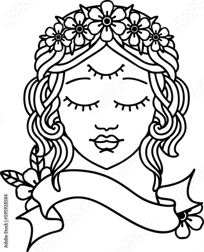 traditional black linework tattoo with banner of female face with third eye
