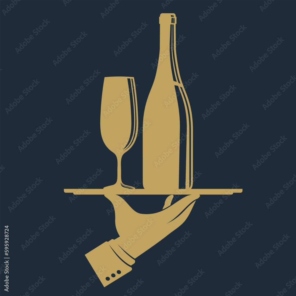 Waiter hand holding tray with wine bottle and wine glass. Vector ...