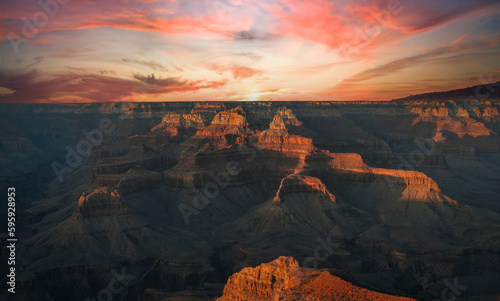 Grand Canyon South Rim, Sunset, Powell Point, Arizona, USA. Travel and outdoor concept.