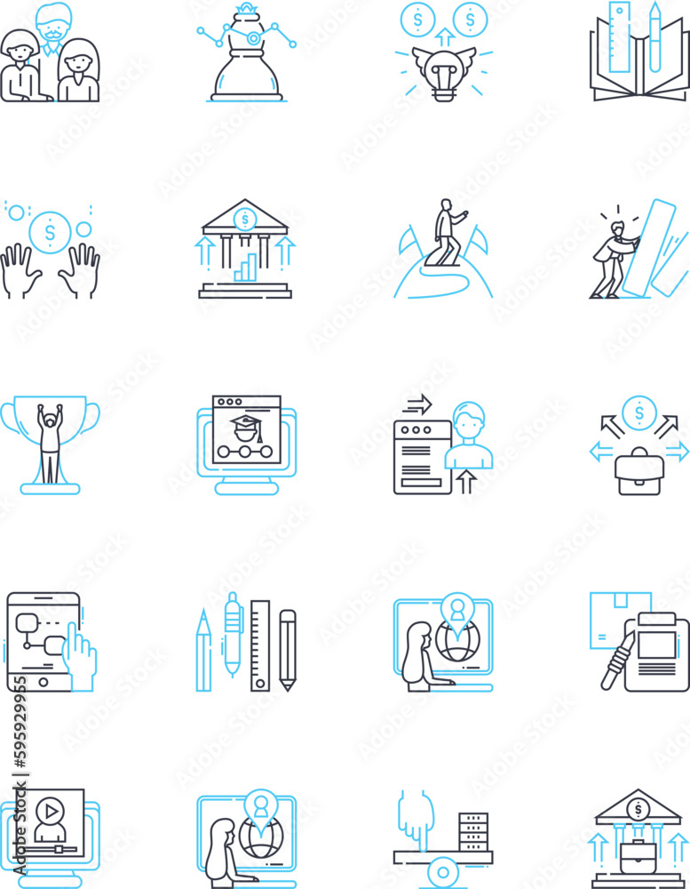 Financial workshop linear icons set. Invest, Budget, Savings, Credit, Debt, Taxes, Retirement line vector and concept signs. Planning,Wealth,Income outline illustrations