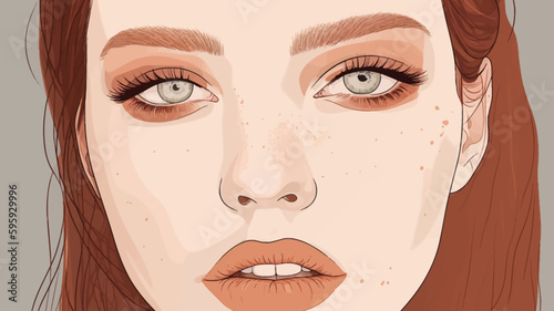 Vector image of a woman with long eyelashes and a smiling expression. Illustrated is in color.