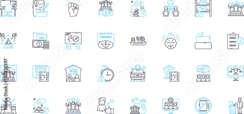 Task completion linear icons set. Finish, Accomplish, Success, Fulfillment, Goal, Achievement, Completion line vector and concept signs. Execution,Result,Conclude outline illustrations