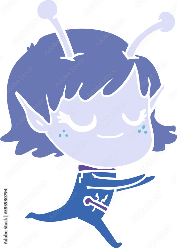 smiling alien girl flat color style cartoon running smiling alien girl flat color style cartoon running