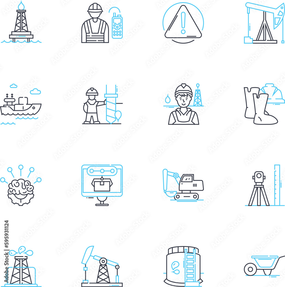Manufacturing facility linear icons set. Automation, Assembly, Equipment, Production, Quality, Efficiency, Maintenance line vector and concept signs. Operations,Safety,Inspection outline illustrations