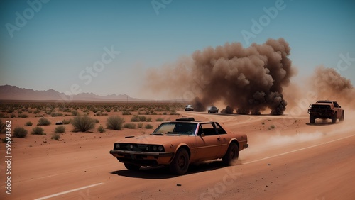 A thrilling post-apocalyptic car chase on a desert highway