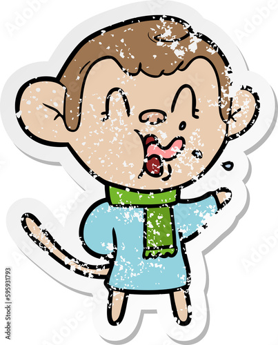 distressed sticker of a crazy cartoon monkey