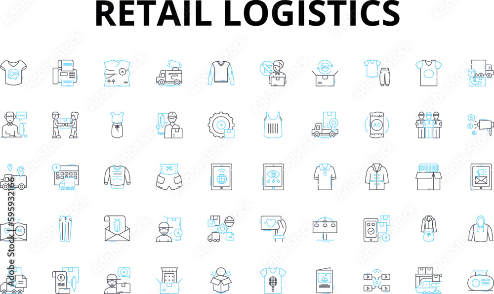Retail logistics linear icons set. Supply Chain, Distribution, Fulfillment, Inventory, Warehousing, Transportation, Delivery vector symbols and line concept signs. Packaging,Receiving,Sorting