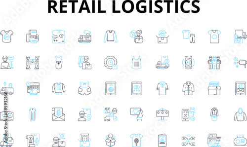Retail logistics linear icons set. Supply Chain, Distribution, Fulfillment, Inventory, Warehousing, Transportation, Delivery vector symbols and line concept signs. Packaging,Receiving,Sorting