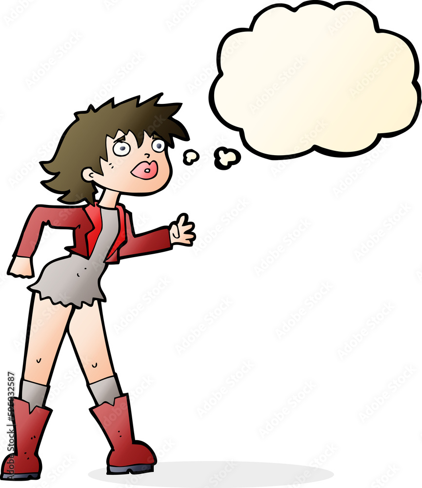 cartoon girl in leather jacket with thought bubble