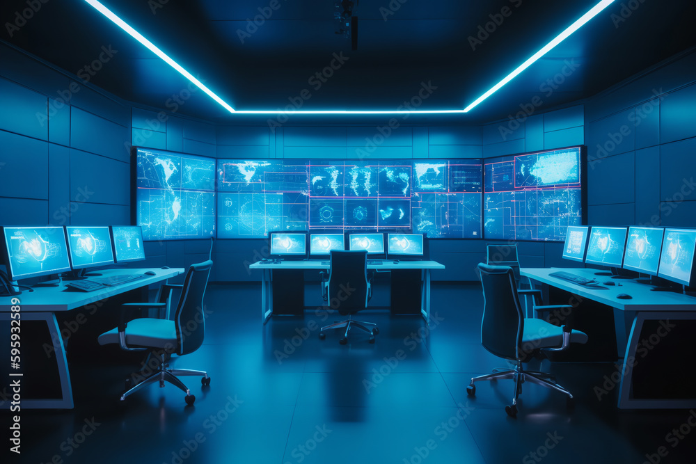 security system control room, workstation, monitoring room with security data center Empty office, desk and chairs. ai generative security system control room, workstation, monitoring room with security data center Empty office, desk and chairs. ai generative