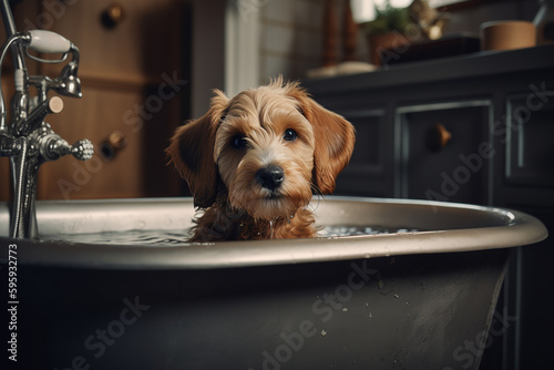 Cute puppy dog in bathtub , pets cleaning , Generative Ai