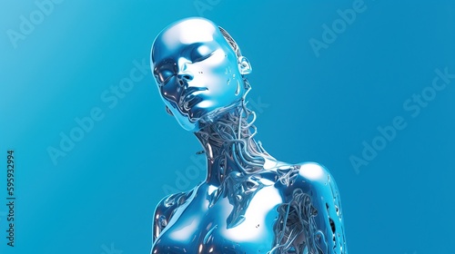 Cyborg with glossy metallic skin on a blue background. Futuristic robot artificial intelligence concept. Generative AI.