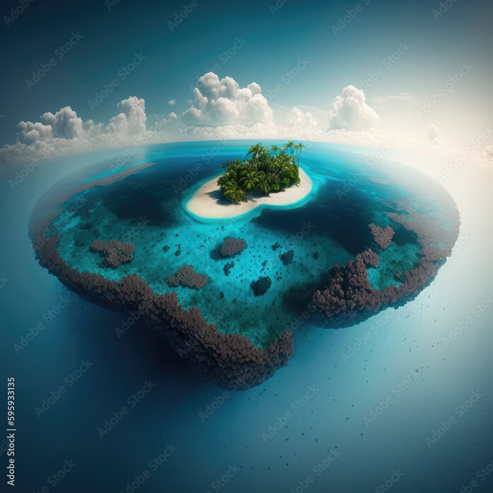 A small tropical island in the ocean surrounded by a reef. Heavenly travel destination. Generative AI
