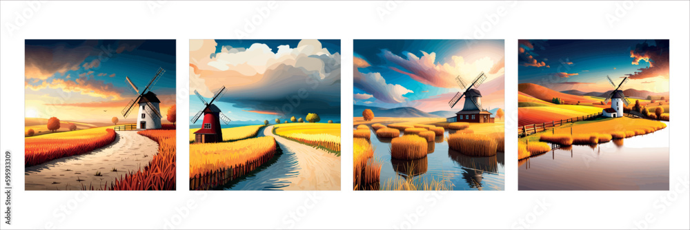 Rural summer landscape with windmill and wheat field. Vector ...