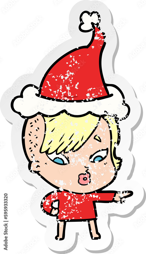hand drawn distressed sticker cartoon of a surprised girl pointing wearing santa hat hand drawn distressed sticker cartoon of a surprised girl pointing wearing santa hat