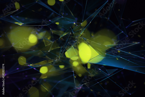 Abstract generative AI illustration of transparent shattered glass on background of bright yellow lights shining in darkness