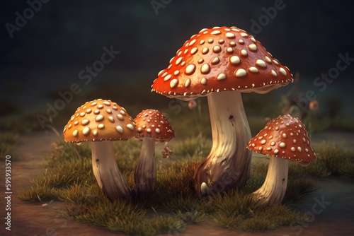 Amanita mushrooms shown in 3D illustration. Generative AI