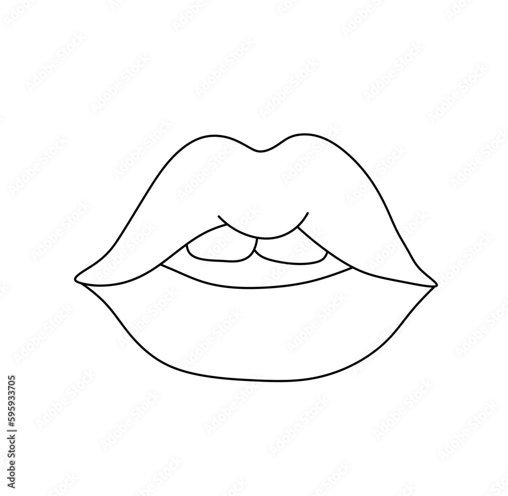 Vector isolated one single woman girl lips tooth mouth  colorless black and white contour line easy drawing
