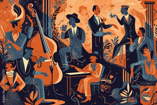 Celebrating jazz, lively performances, jazz instruments, and technology through illustration. Generative AI
