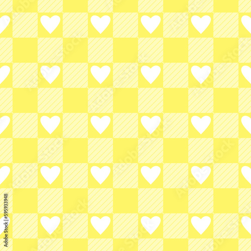 Vector seamless pattern with gingham check and hearts in yellow and white colours for Valentines day