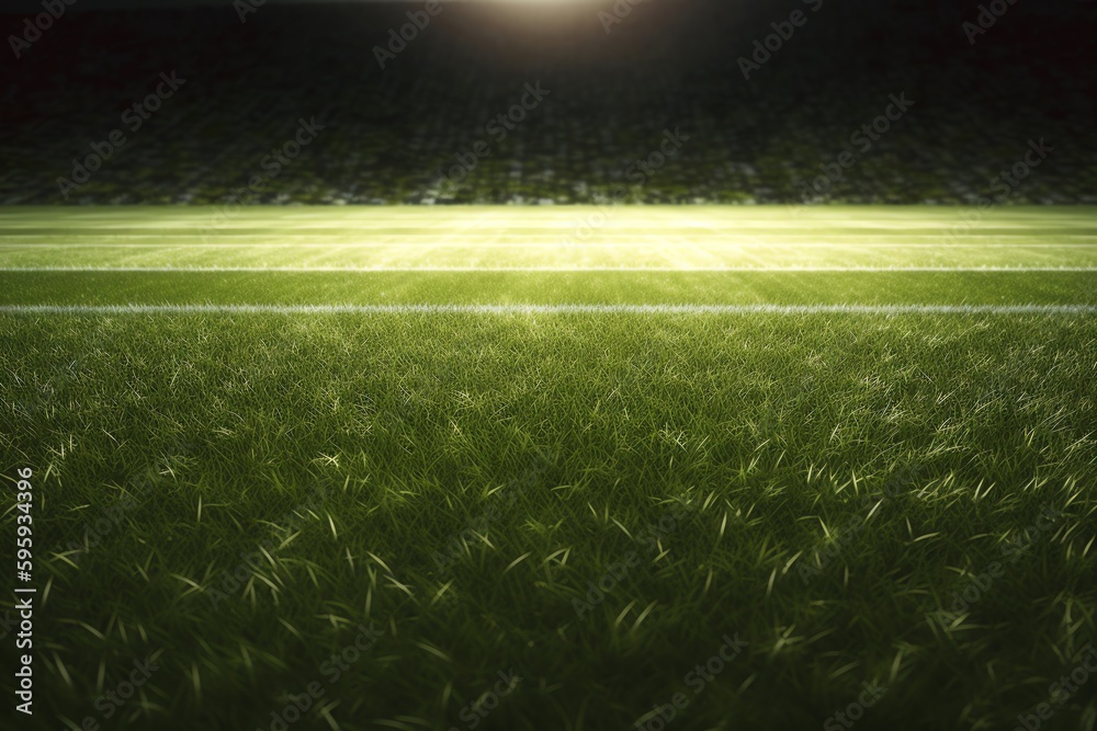 3D rendered illustration of an athletic wallpaper concept with a grass patterned soccer field in a football stadium background. Generative AI
