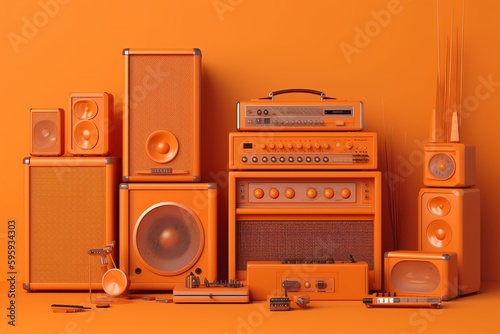 Vibrant 3D illustration of orange music equipment on a wall. Generative AI