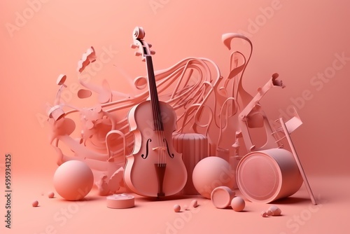 3D rendered illustration of musical instruments and flying music notes isolated on a pink background. Generative AI photo