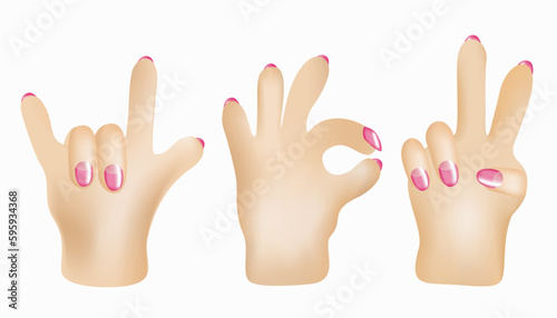 3D hand gestures. Vector isolated illustration of hands. Horns, Ok, victory. Female hands with manicure.