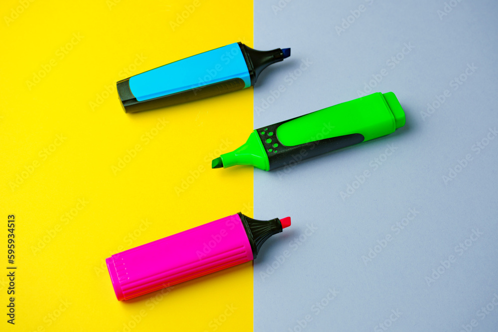 Pen and ink, office tools, colourful creative background Pen and ink, office tools, colourful creative background
